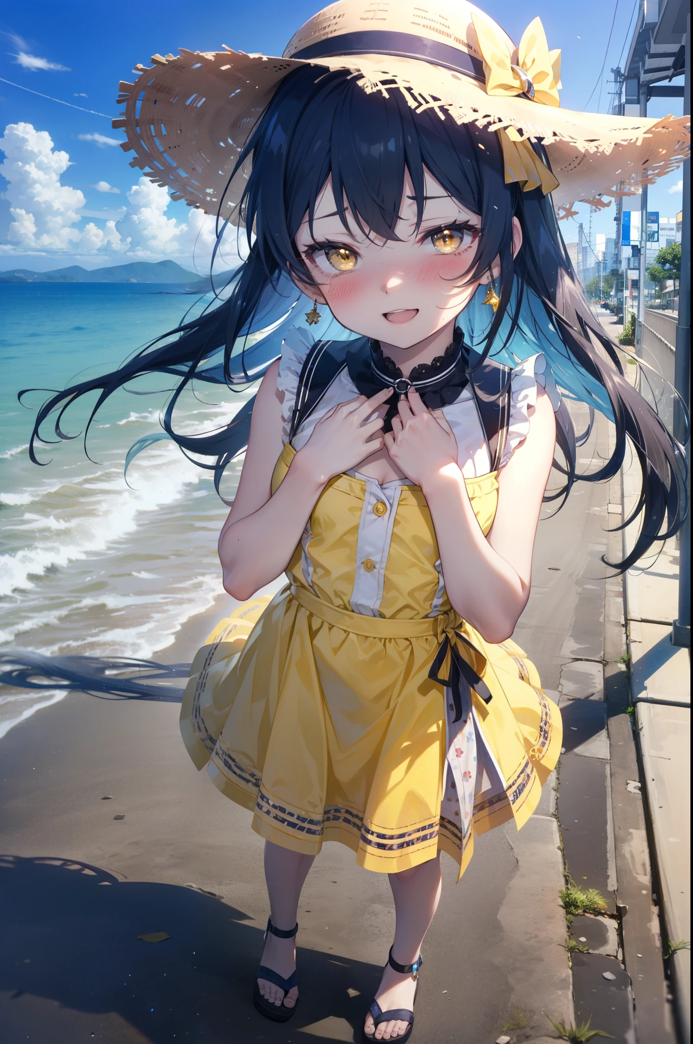 Kamisonoda, Umi Sonoda, Long Hair, Blue Hair, (Yellow Eyes:1.5) (Flat Chest:1.2),White hat,happy smile, smile, Open your mouth,blush,Blue sleeveless dress,Bare arms､Blue long skirt,Cute Sandals,Daytime,Clear skies,whole bodyがイラストに入るように,
break looking at viewer,whole body,
break outdoors, In town,Coastal Road,
break (masterpiece:1.2), highest quality, High resolution, unity 8k wallpaper, (figure:0.8), (Beautiful fine details:1.6), Highly detailed face, Perfect lighting, Highly detailed CG, (Perfect hands, Perfect Anatomy),