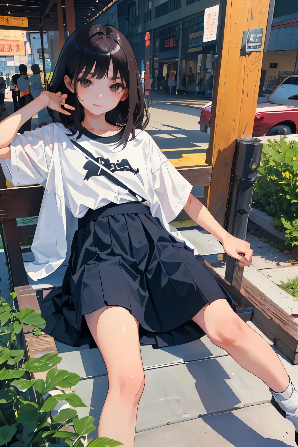 (child)，highest quality，Beautiful face in every detail，cute，Dark brown eyes，(背の低いcute女の子，Small young student，Young delicate girl）,（masterpiece，Top quality)，Black Hair，Sleepy expression，Short sleeve，Denim skirt，amusement park