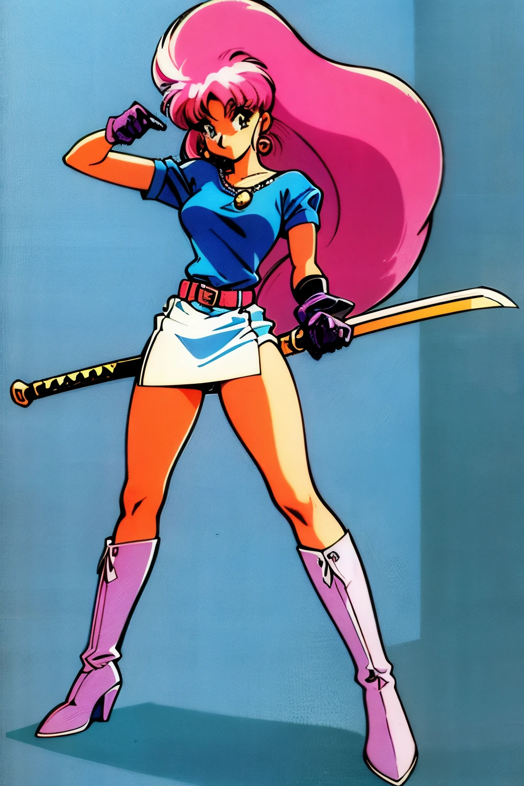 1990s (style), 1980s (style), retro artstyle, One girl, Ariana Grande, straight hair, bangs, blue shirt, belt, high boots, gloves, holding a sword, fantasy world