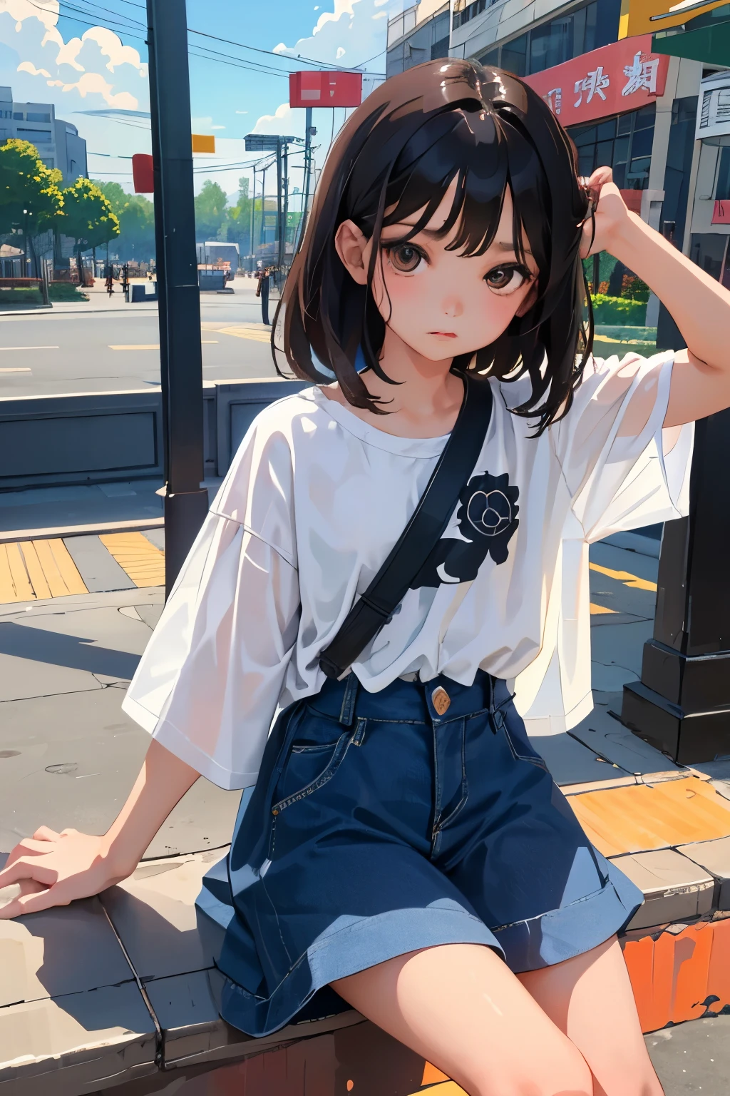 (child),highest quality,Beautiful face in every detail,cute,Dark brown eyes,(背の低いcute女の子,Small young student,Young delicate girl),(masterpiece,Top quality),Black Hair,Sleepy expression,Short sleeve,Denim skirt,amusement park
