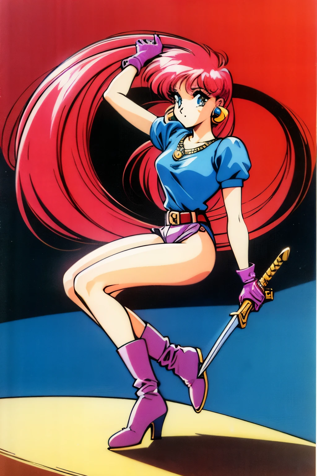 1990s (style), 1980s (style), retro artstyle, One girl, Ariana Grande, straight hair, bangs, blue shirt, belt, high boots, gloves, holding a sword, fantasy world