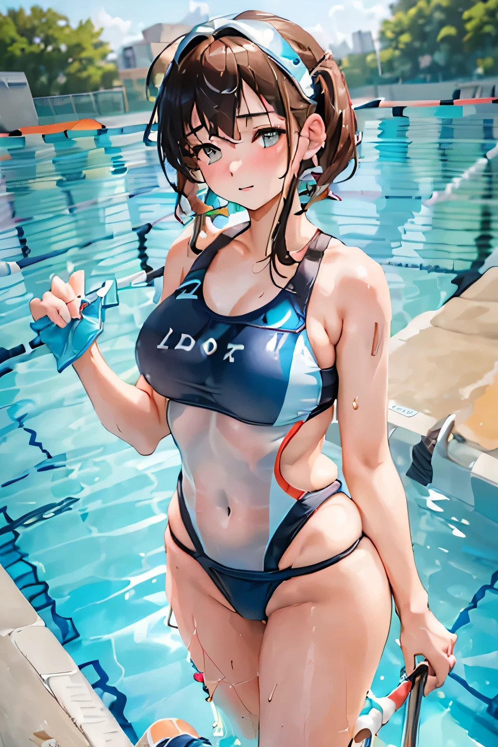 (((A woman preparing to dive onto a 5m diving board in a competitive pool:1.7))),((Competition Swimwear:1.7)),Crying face,tears,Cute Face,Extreme close up of face,Shiny light brown and orange striped short hair,Perfect round face,iris,(hairpin、Floating Hair、),Big Breasts.Professional Lighting,Cinematic Light,(Tabletop,highest quality,Ultra-high resolution output images,) ,(8K quality),(Picture Mode Ultra HD),