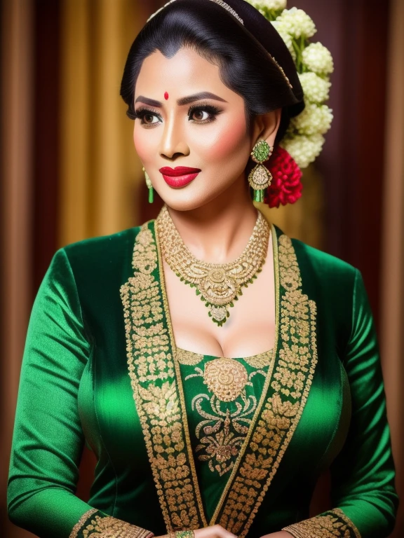 large breasts, cleavage, photography, woman, portrait of java wedding woman in green long kebaya dress traditional, red lipstick, golden necklace, earrings, ornate, detail, flowers, look at viewer,