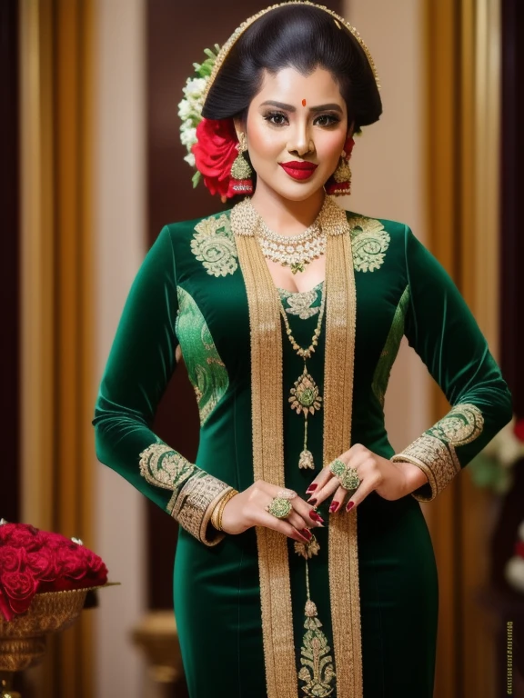 large breasts, cleavage, photography, woman,  portrait of java wedding woman in green long kebaya dress traditional, red lipstick, golden necklace, earrings, ornate, detail, flowers, look at viewer,
