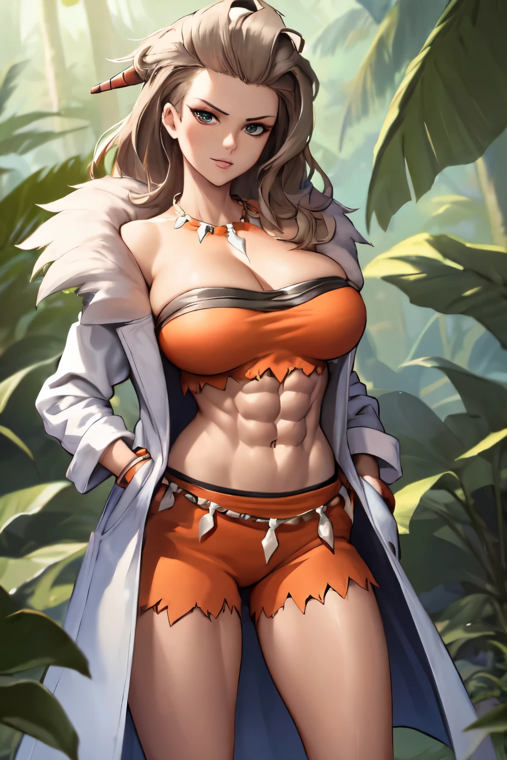 masterpiece, best quality, pkmnSada, tan, hair ornaments, necklace, orange crop top, cleavage, orange shorts, bracelet, orange nails, labcoat, fur trim, long sleeves, looking at viewer, cowboy shot, outdoors, jungle, standing, both hands in coat pockets, strapless, abs, large breasts