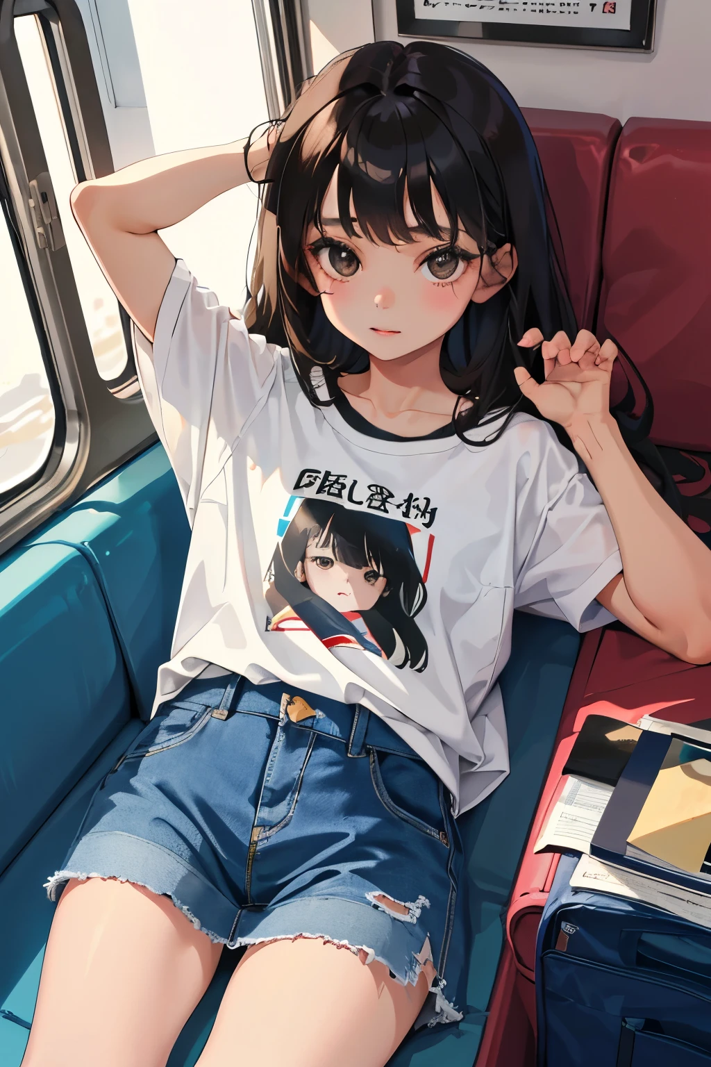 ()，highest quality，Beautiful face in every detail，cute，Dark brown eyes，(背の低いcute女の子，Smallg student，Yoicate girl）,（masterpiece，Top quality)，Black Hair，Sleepy expression，Short sleeve，Denim skirt，Inside the train