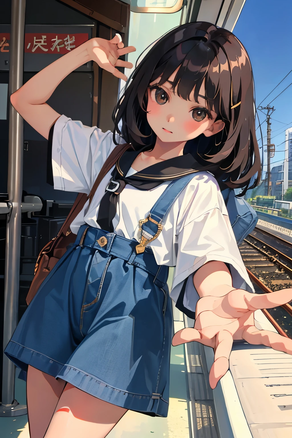 (child)，highest quality，Beautiful face in every detail，cute，Dark brown eyes，(背の低いcute女の子，Small young student，Young delicate girl）,（masterpiece，Top quality)，Black Hair，Sleepy expression，Short sleeve，Denim skirt，Inside the train