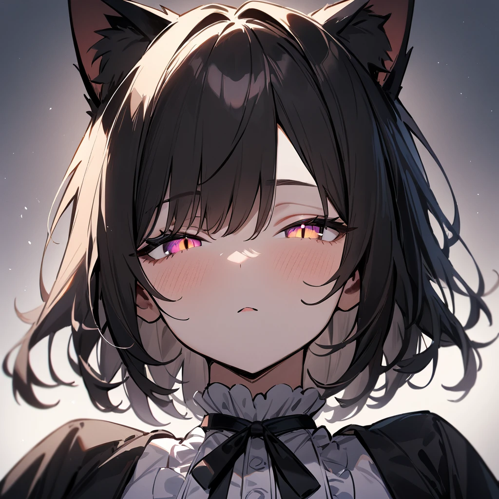 1girl,portrait,Cat ear,Slit pupil,masterpiece,best quality, very aesthetic,absurdres,highlight,center frills,cat ear,medium shot,looking at viewer,half closed eyes,looking up,front view