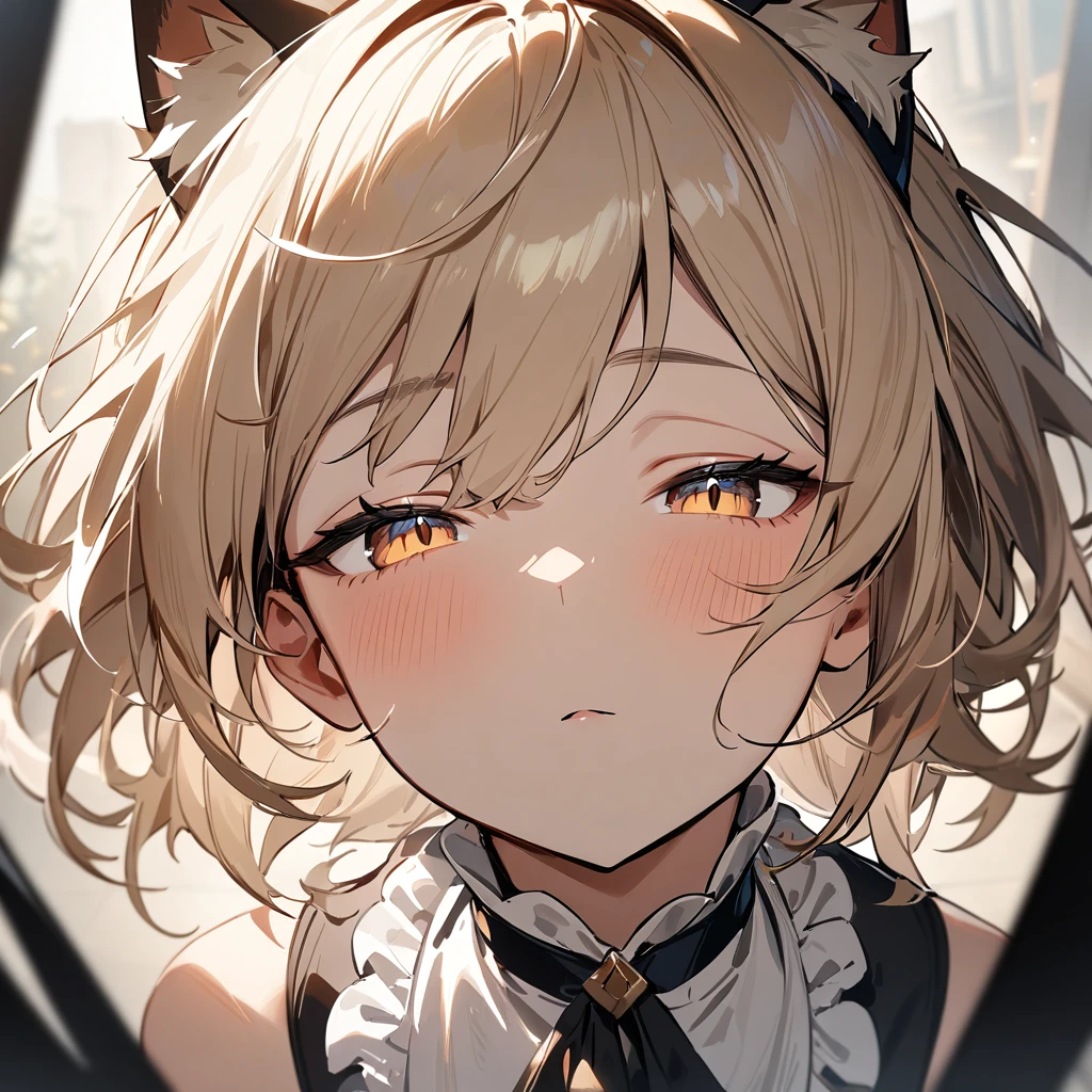 1girl,portrait,Cat ear,Slit pupil,masterpiece,best quality, very aesthetic,absurdres,highlight,center frills,cat ear,medium shot,looking at viewer,half closed eyes,looking up,front view