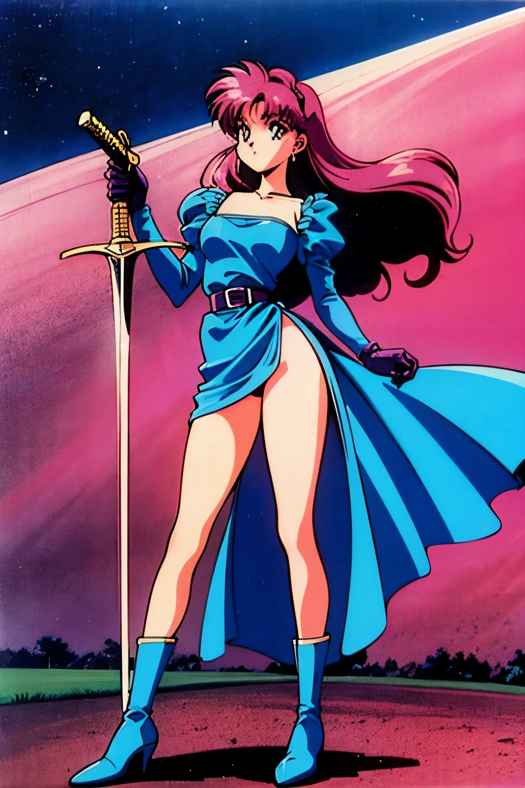 1990s (style), 1980s (style), retro artstyle, One girl, Ariana Grande, straight hair, bangs, blue nightgown, belt, high boots, gloves, holding a sword, outside, field, NSFW