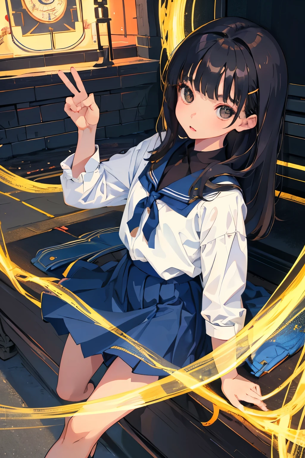 (child)，highest quality，Beautiful face in every detail，cute，Dark brown eyes，(背の低いcute女の子，Small young student，Young delicate girl）,（masterpiece，Top quality)，Black Hair，Sleepy expression，Blue short-sleeved shirt，Denim skirt,rooftop