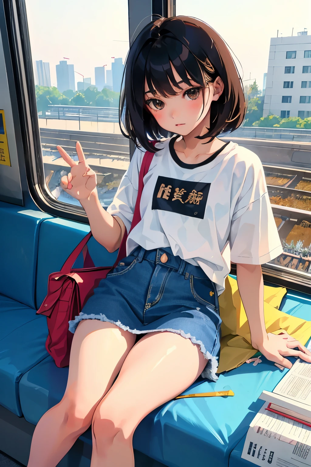 (child)，highest quality，Beautiful face in every detail，cute，Dark brown eyes，(背の低いcute女の子，Small young student，Young delicate girl）,（masterpiece，Top quality)，Black Hair，Sleepy expression，Short sleeve，Denim skirt，Inside the train