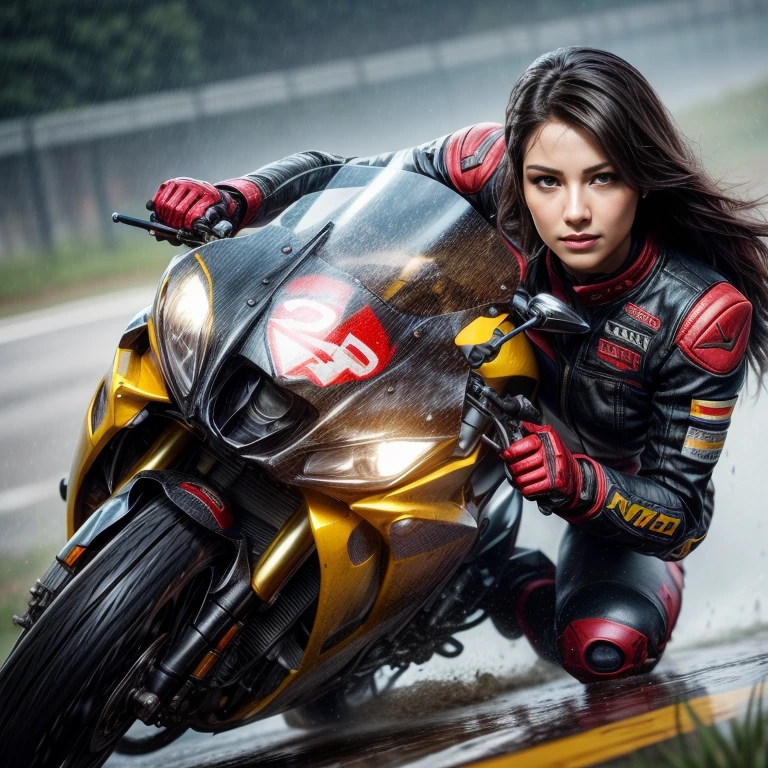 arafed woman leaning on a motorcycle on a wet track, Game CG, realistic art style, Akihiko Yoshida. Unreal Engine, Wojtek FUS, Senna in League of Legends, 8k artistic german bokeh, Octane Association, Kojima De Ami, Akira Hon, Rostland 8K, motorcycle, motorcycle hand, realistic art style