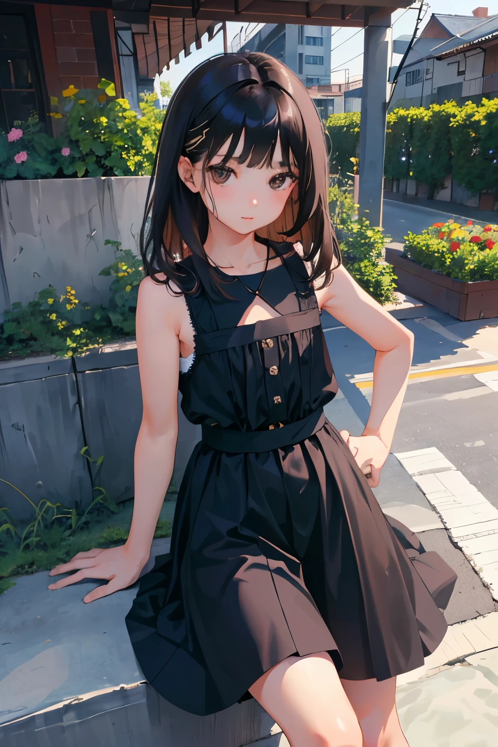(child)，highest quality，Beautiful face in every detail，cute，Dark brown eyes，(背の低いcute女の子，Small young student，Young delicate girl）,（masterpiece，Top quality)，Black Hair，Sleepy expression，Sleeveless，Denim skirt,rooftop