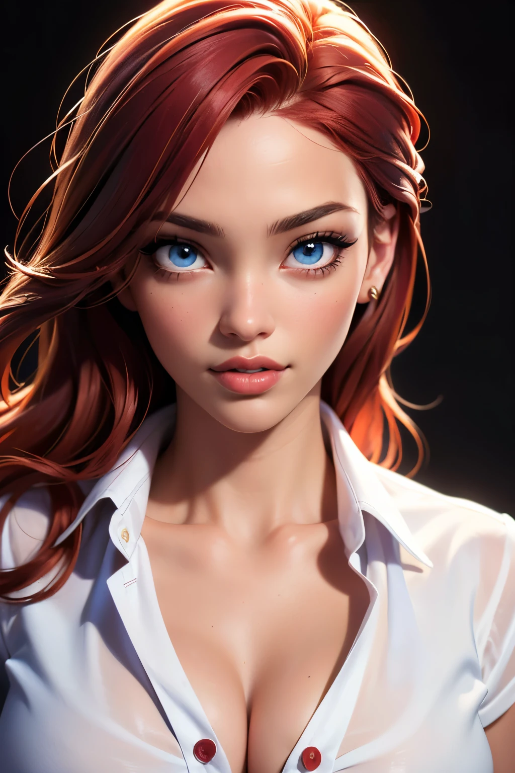 (sexy red haired young woman,perfect body,posing in unbuttoned mens dress shirt, ,model, cleavage,stage,luxury hall),(oil painting),(detailed face,beautiful eyes,detailed lips),(best quality,highres:1.2),(realistic),(portrait),(vibrant colors),(soft lighting) 22 year old, happy