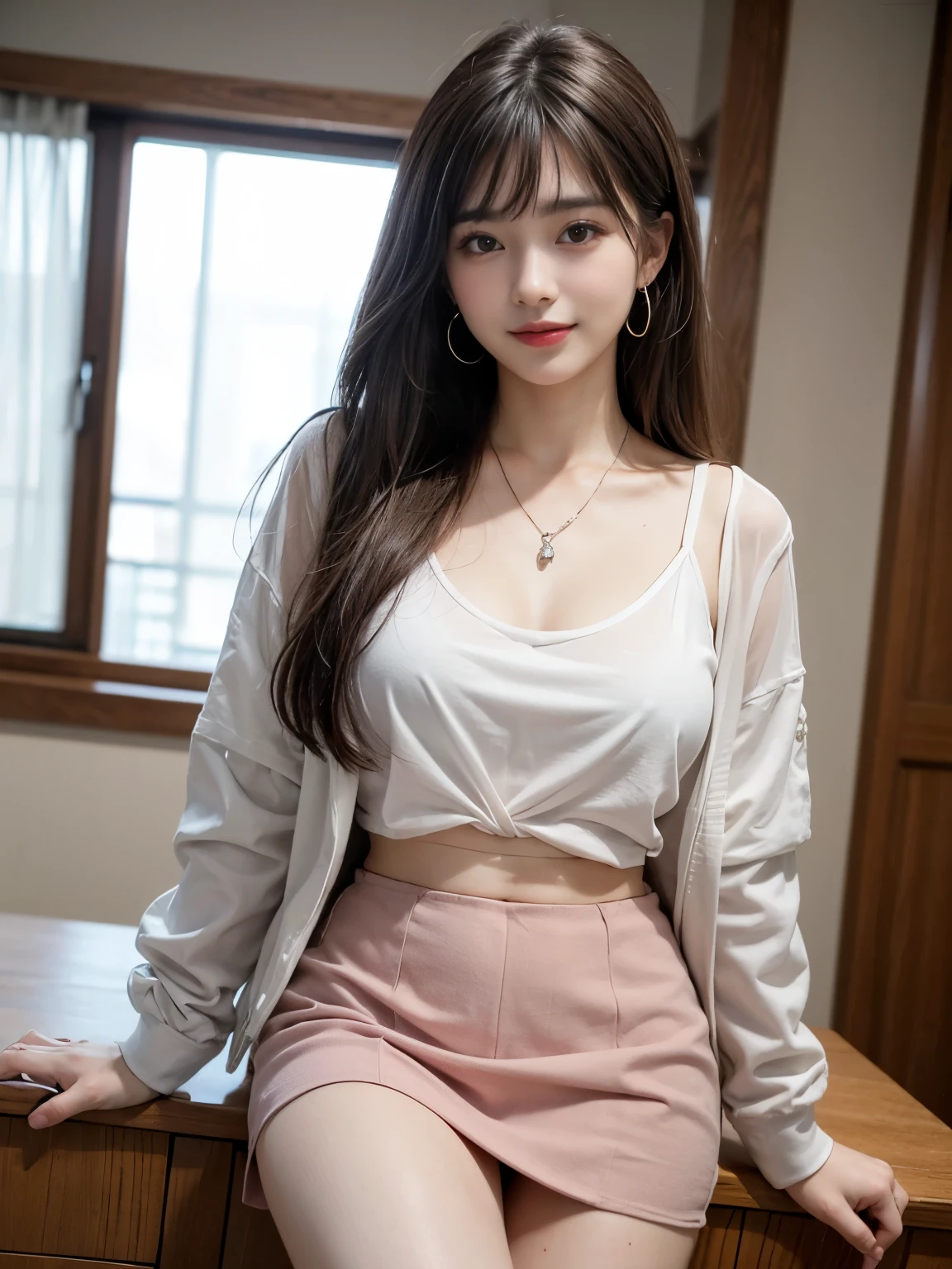 8k,Best quality、Beautiful woman, 22 years old, whole body, (Slim figure), (Long legs), Natural bust, smile, Fine grain, double eyelid, Earrings and Necklaces, Long Hair, white shirt top, Pink hip skirt, Pink jacket、OL, white collar，(((Brown long hair、See-through bangs))).