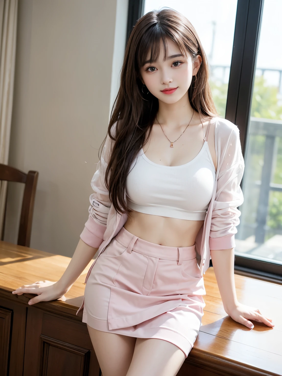8k,Best quality、Beautiful woman, 22 years old, whole body, (Slim figure), (Long legs), Natural bust, smile, Fine grain, double eyelid, Earrings and Necklaces, Long Hair, white shirt top, Pink hip skirt, Pink jacket、OL, white collar,(((Brown long hair、See-through bangs))).