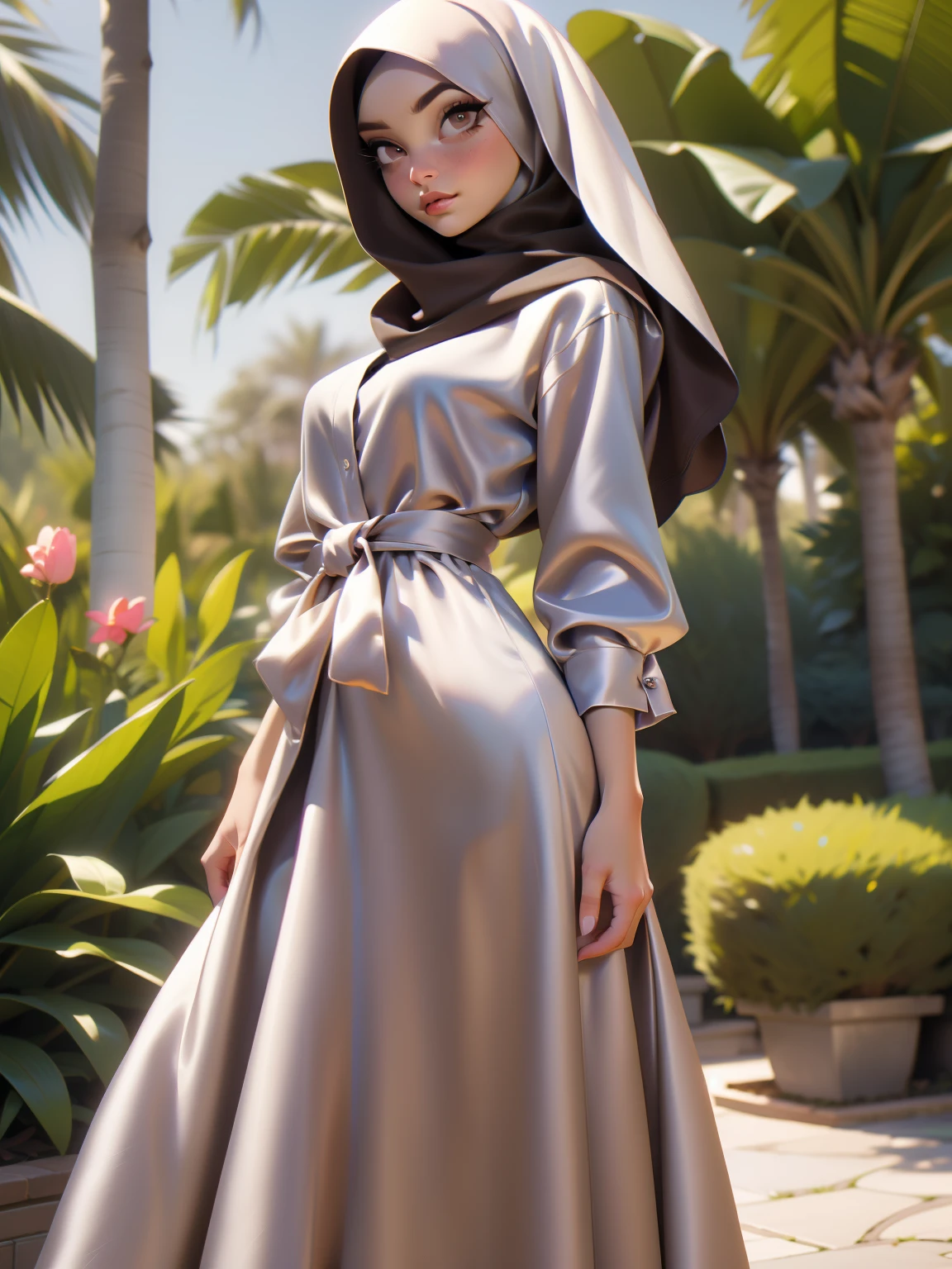 3DMM, ((Masterpiece, best quality, photography)), detailed skin, realistic, photo-realistic, 8k, highly detailed, full length frame, High detail RAW color art, diffused soft lighting, shallow depth of field, sharp focus, hyperrealism, cinematic lighting, hijab, a woman beautifully makeup, bold eyeshadow, beautiful big eyes, Brown eyes, long eye lashes, chubby, wearing ((brown satin hijab), loosely tide hijab style, ((gray satin shirt)), ((satin long dress)), dancing under tree, garden