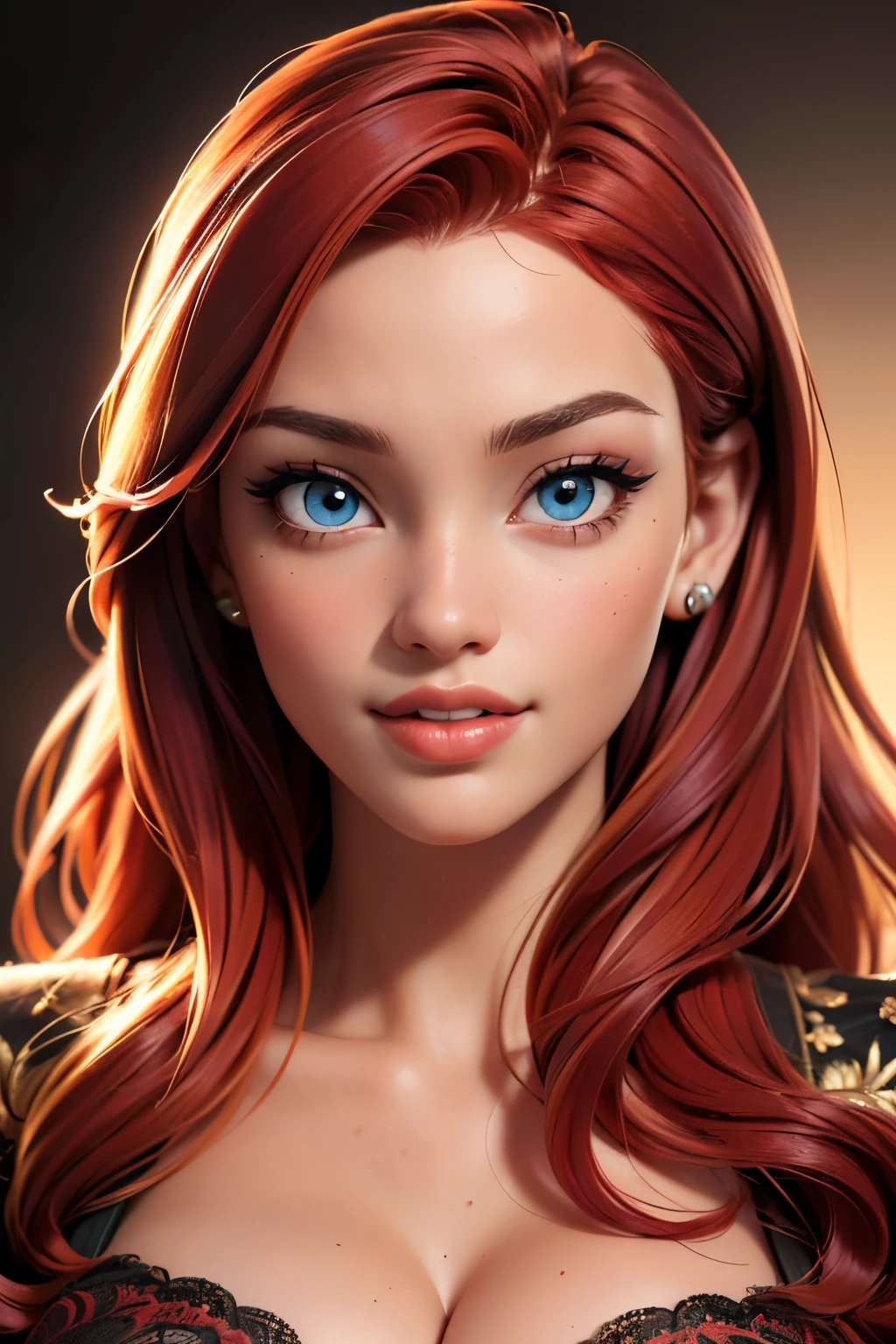 (sexy happy red haired young woman,perfect body,posing,model, cleavage,stage,luxury hall),(oil painting),(detailed face,beautiful eyes,detailed lips),(best quality,highres:1.2),(realistic),(portrait),(vibrant colors),(soft lighting) 22 year old, happy