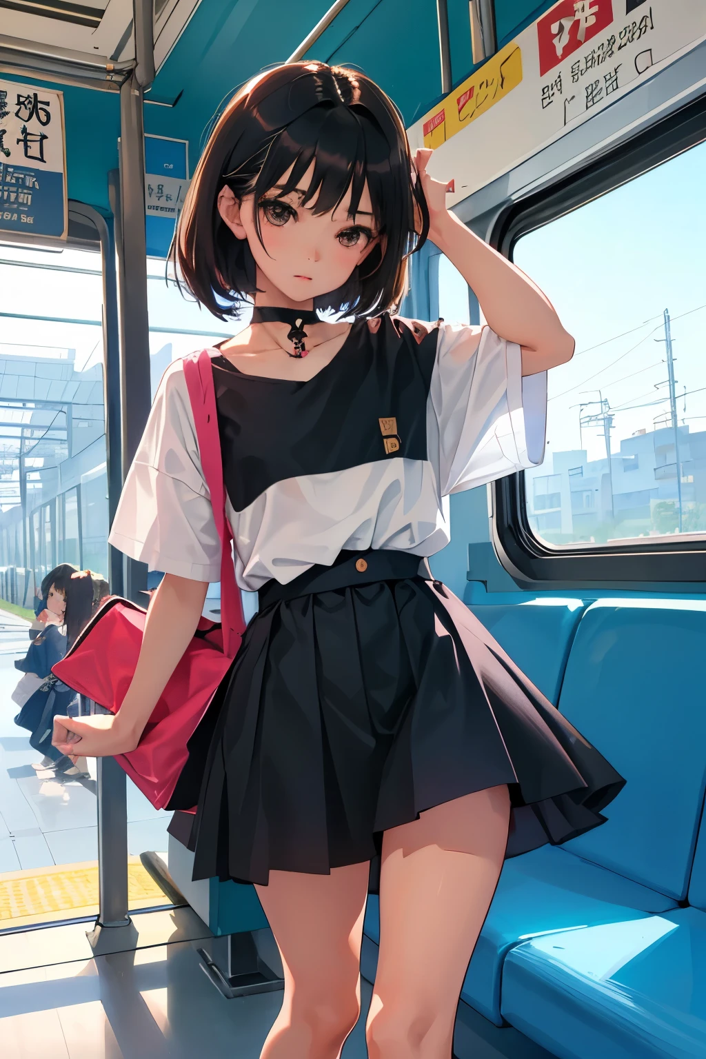 (child)，highest quality，Beautiful face in every detail，cute，Dark brown eyes，(背の低いcute女の子，Small young student，Young delicate girl）,（masterpiece，Top quality)，Black Hair，Sleepy expression，Short sleeve，Denim skirt，Inside the train