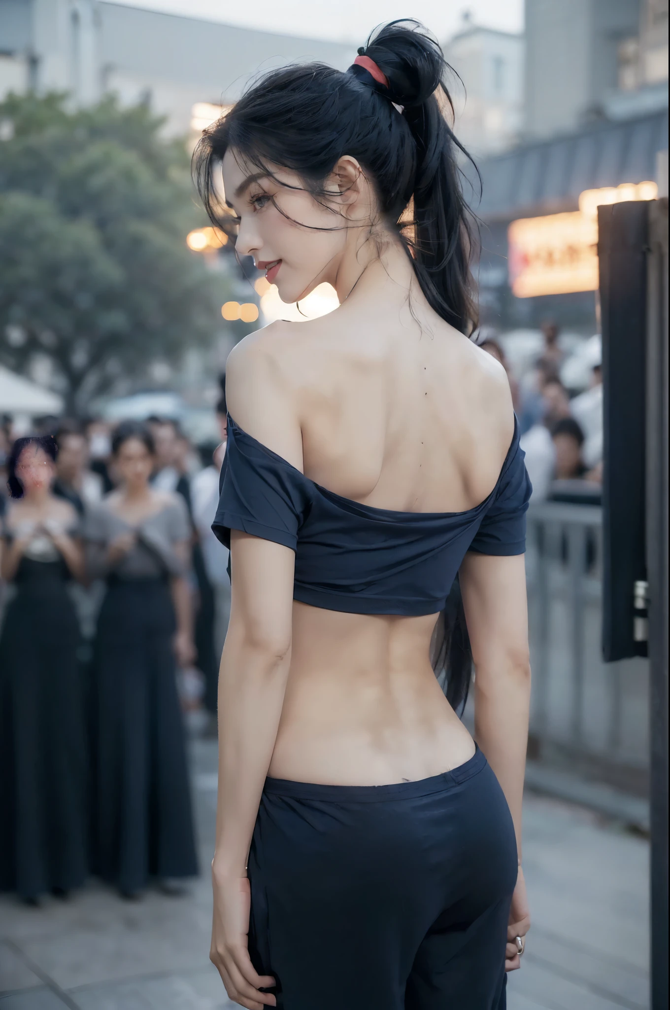 (Extremely meticulous CG),(((8k))),wallpaper,((Extremely refined and beautiful)),(((Masterpiece))),(((best qualtiy))),(((Ultra High Resolution))),beautiful light up,realistic shaded,(Smooth and flawless fair skin:1.5),(Extremely exquisite facial details:1.2),(ultra-detailed:1.5),((a beautiful girl,solo)),(short ponytail:1.2),(small head:1.2),(slender face:1.2),(Exquisite makeup:1.3),(happy:1.2),(laughing:1.2),(perfect body:1.1),(oversize dark navy blue-gray short sleeved t-shirt:1.5),(shoulder off:1.3),(bare back:1.3),(towering hips:1.2),(boxer briefs:1.3),((slim,thin)),(from back:1.3),(standing:1.3),(butt crack:1.3),(at the schoolgate:1.3),(outdoor:1.2),(early summer:1.3),(day scene:1.5),(cloudy:1.3),(surrounded by crowded crowds:1.3),(upper body:1.3)