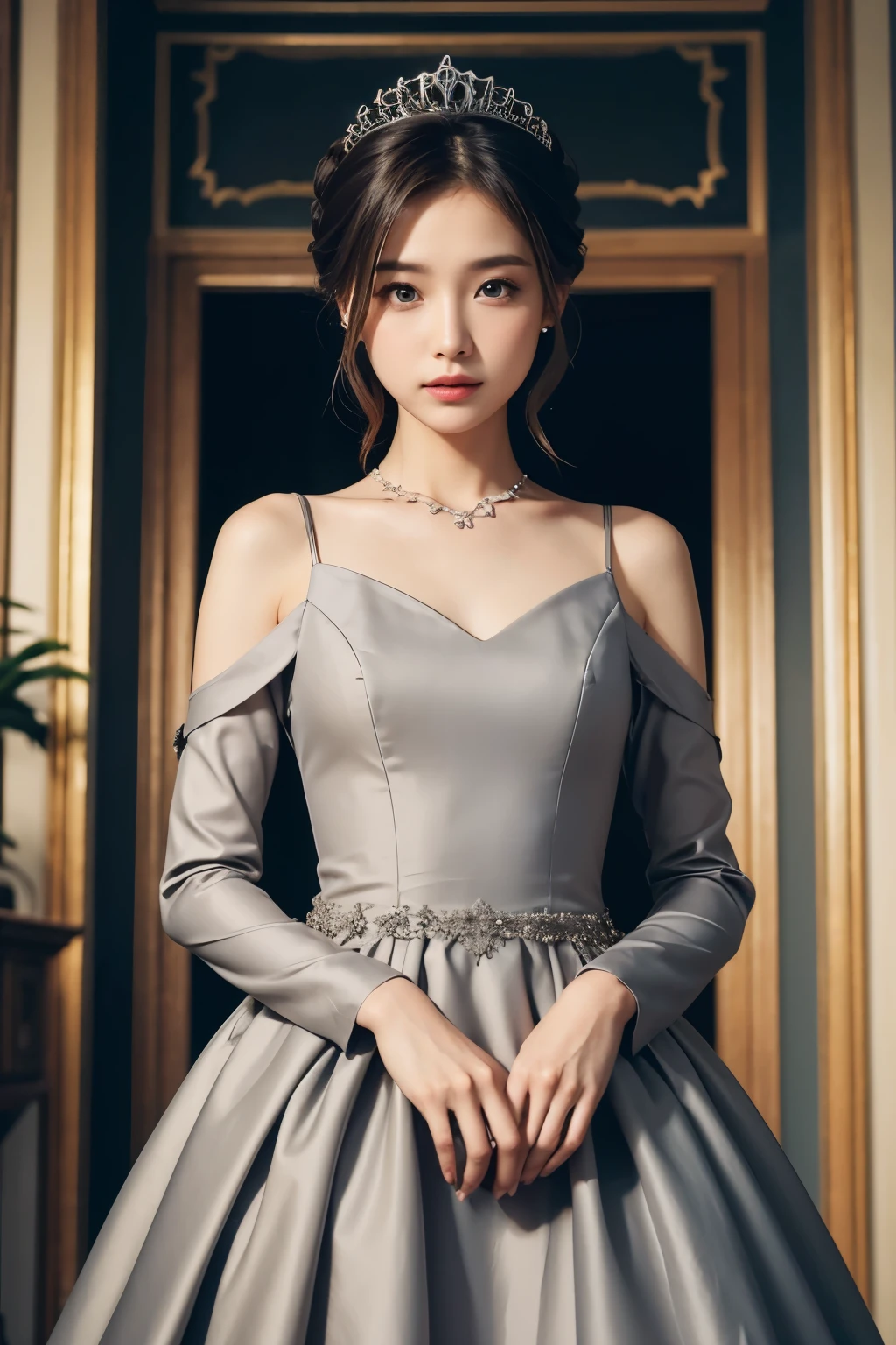  1 woman, Princess Dress, Gray dress with small black details, in the palace, magazine pose, 