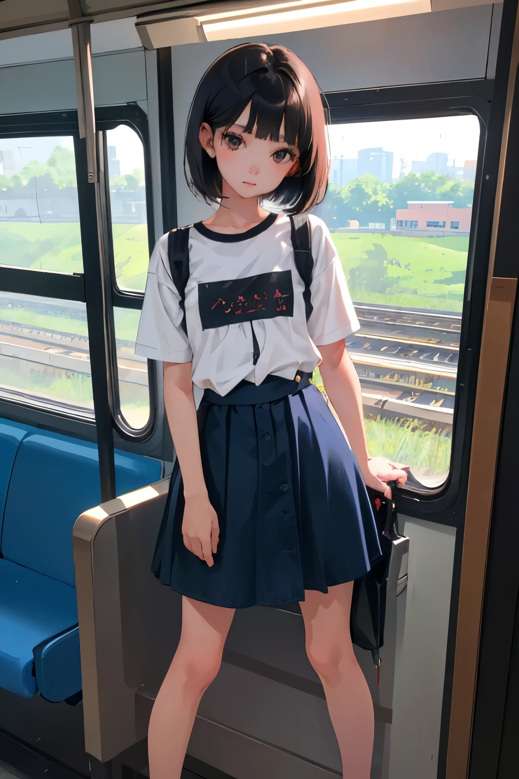 (),highest quality,Beautiful face in every detail,cute,Dark brown eyes,(背の低いcute女の子,Smallg student,Yoicate girl),(masterpiece,Top quality),Black Hair,Sleepy expression,Short sleeve,Denim skirt,Inside the train