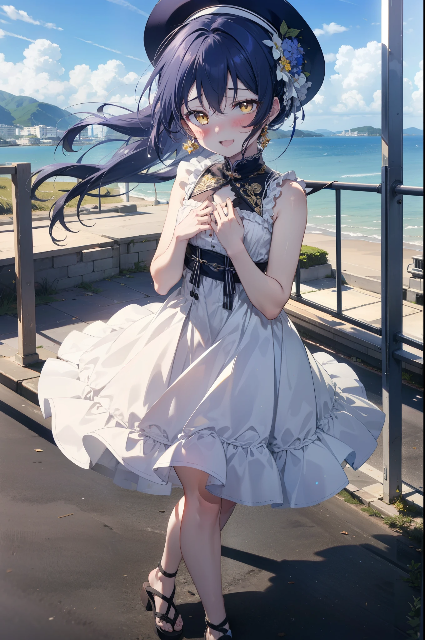 Kamisonoda, Umi Sonoda, Long Hair, Blue Hair, (Yellow Eyes:1.5) (Flat Chest:1.2),White hat,happy smile, smile, Open your mouth,blush,Blue sleeveless dress,Bare arms、Blue long skirt,Cute Sandals,Daytime,Clear skies,whole bodyがイラストに入るように,Walking,
break looking at viewer,whole body,
break outdoors, In town,Building district,Coastal Road,
break (masterpiece:1.2), highest quality, High resolution, unity 8k wallpaper, (figure:0.8), (Beautiful fine details:1.6), Highly detailed face, Perfect lighting, Highly detailed CG, (Perfect hands, Perfect Anatomy),