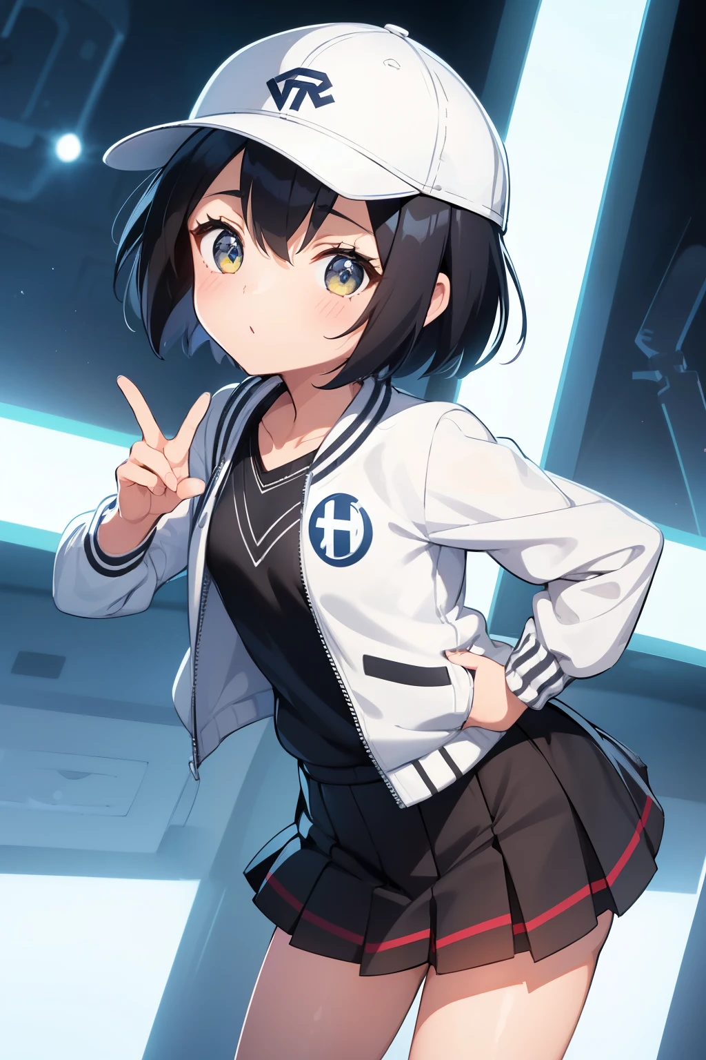 1girl, solo, peni parker , (detailed eyes), flat chest, ((short hair)), black hair, (baseball hat), white cap, (waterproof jacket), (white jacket), skirt, black skirt, black socks, standing, (hands in pockets), ((Closed sweater)), upper body, (white background), Transparent background, looking at viewe, ((masterpiece, illustration, best quality)) 