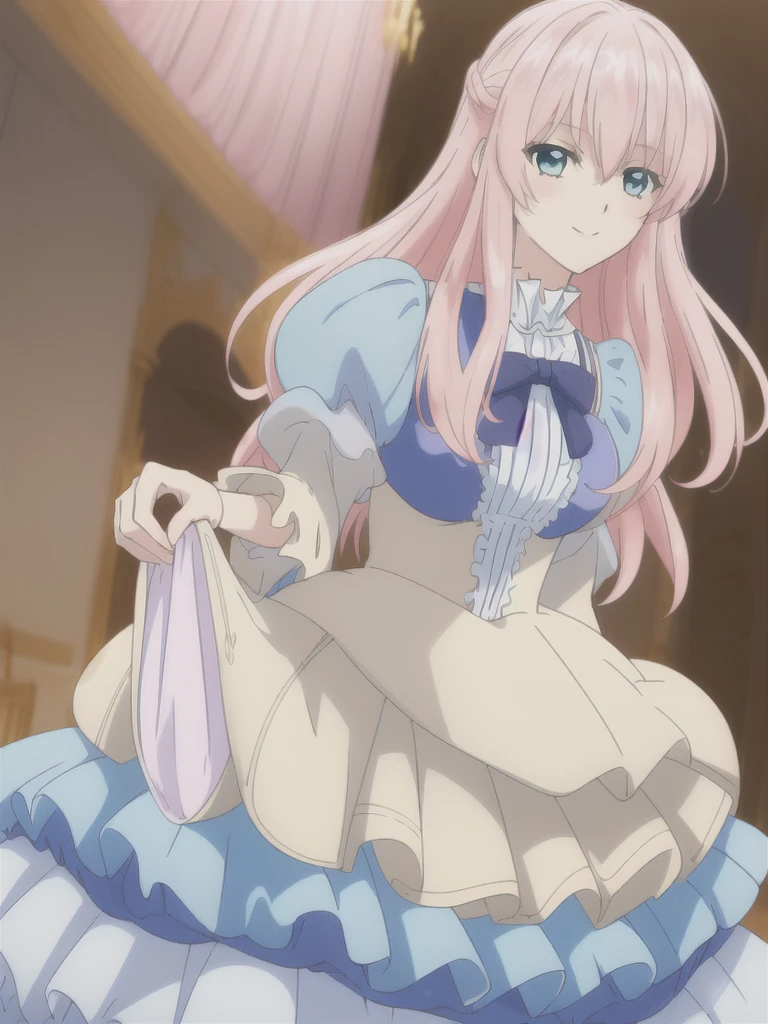 (((Best quality))),((Ultra-detailed)),((illustration)),((Disheveled hair)),((frilld)),(1 girl),
1girl , aqua eyes , blue eyes , bow , dress , frilled dress , frills , full body , long hair , megurine luka , pink hair , puffy sleeves , short sleeves , simple background , skirt hold , smile , solo ,