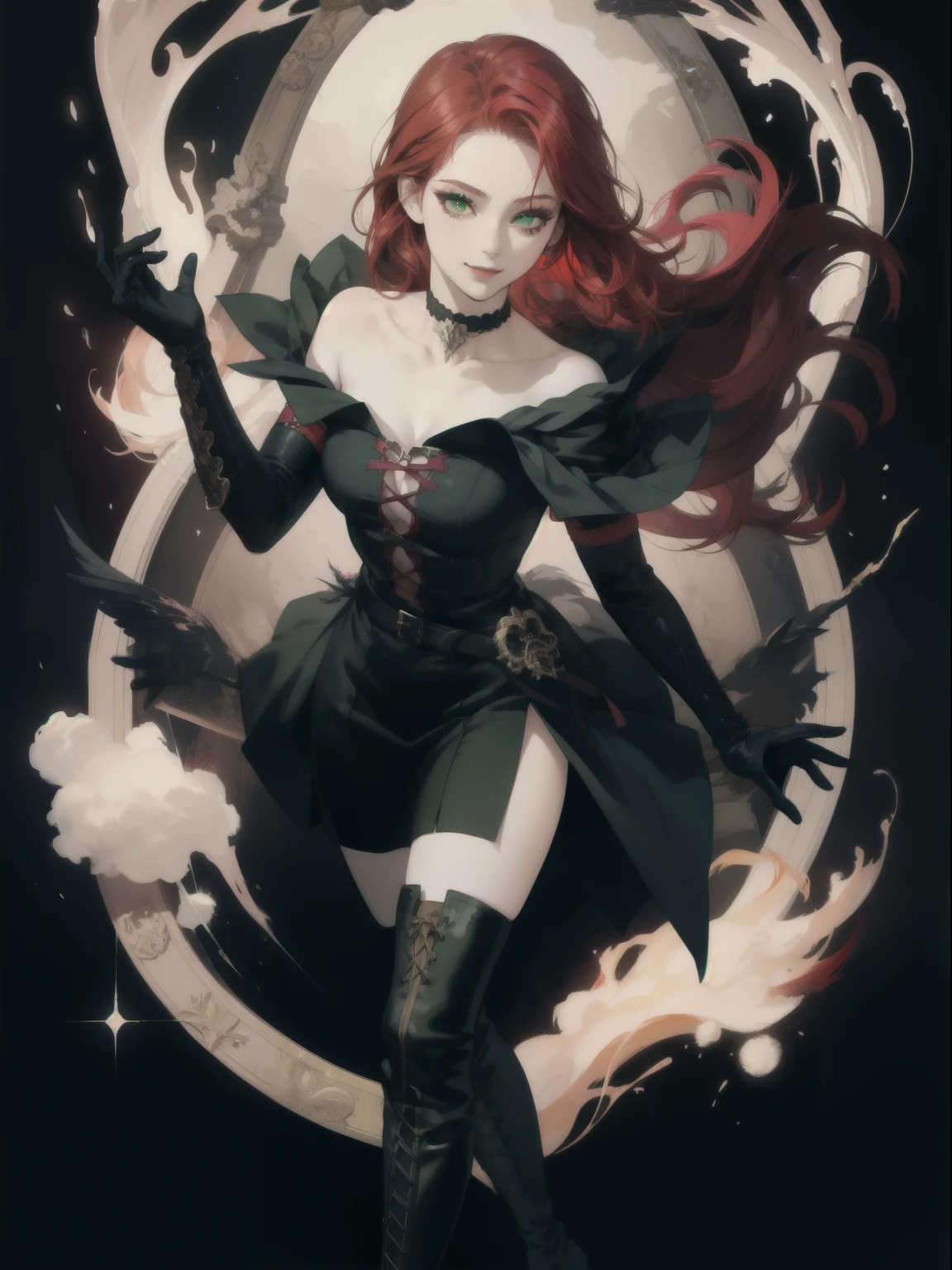 anime girl, red hair, bangs, sorceress, pale skin, dark makeup, mysterious smile, Very detailed, High resolution, masterpiece, Realistic, Beautiful details, depth, Fine texture , highest quality: 1.3, looking at the viewer, dark hair ornaments, heart, green eyes, choker, gloves, long boots, gothic dress