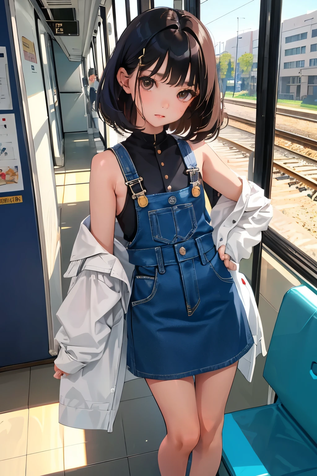 (child),highest quality,Beautiful face in every detail,cute,Dark brown eyes,(背の低いcute女の子,Small young student,Young delicate girl),(masterpiece,Top quality),Black Hair,Sleepy expression,Sleeveless,Denim skirt,Inside the train