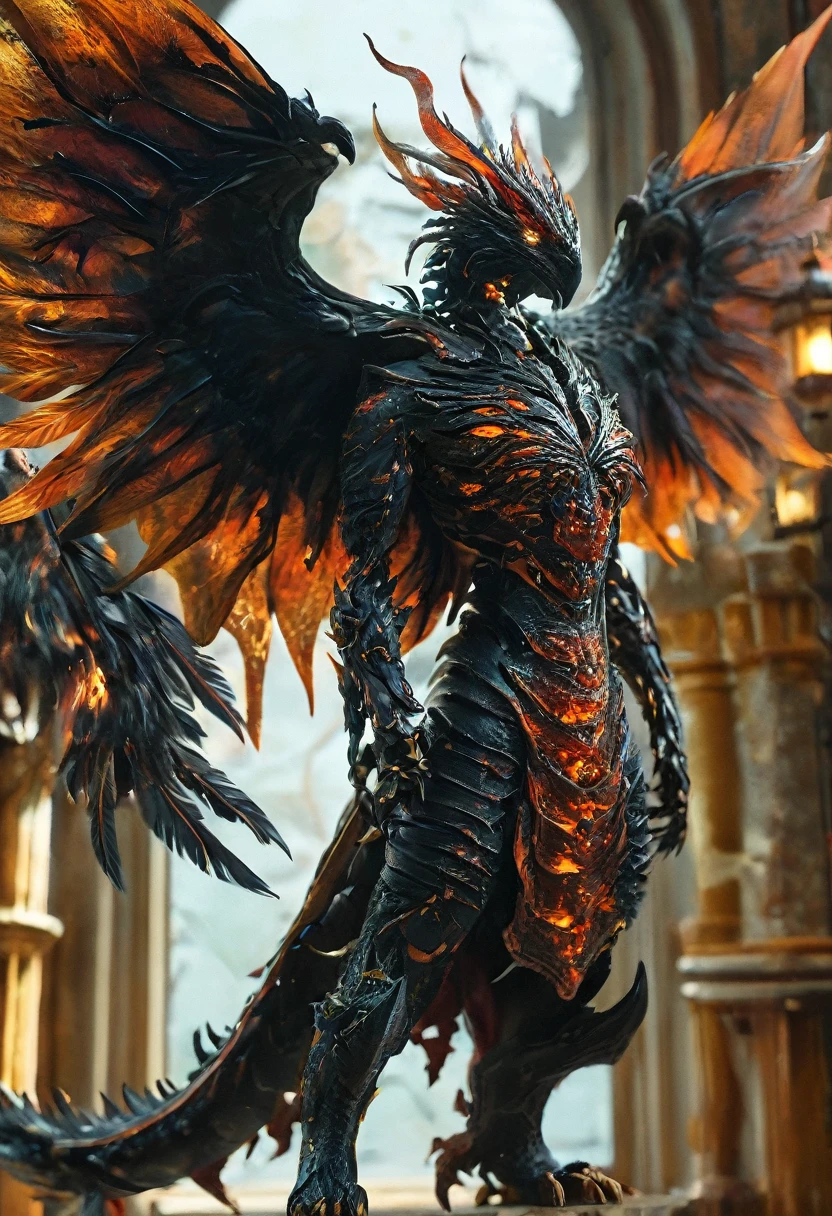 (highest quality,4K,8k,High resolution,masterpiece:1.2), Super detailed, (Realistic,photoRealistic,photo-Realistic:1.37), black creature, Otherworldly, Lovecraft, Chitinous Skin, Bioluminescence Pattern, Dark color palette, Spooky lighting.(Browsing Caution:1.4), black, red, orange, 非常に長く鋭いredい爪, Big Claws, Her body is bioluminescent. Moisturized Skin, (Extremely detailed and intricate skin patterns:1.2), (Translucent chitinous exoskeleton:1.3), (Very small waist:1.4), (Destroyed Anatomy:1.5), violent, erotic,dragon,Bird of prey beak,Bird of Prey Wings,