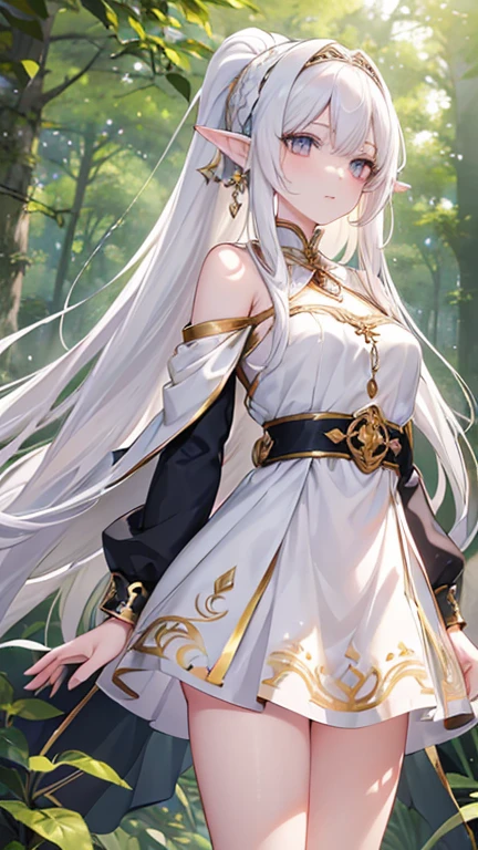 ((White hair)), highly detailed face and eyes, (long hair), ponytail, jewelry, hairband, long pointy ears, anime, masterpiece, textured skin, (super detail), award winning, (best quality), elf, in forest, Sunbeams filtering through the trees, whole body, beautiful legs, gold adornment, Goddess