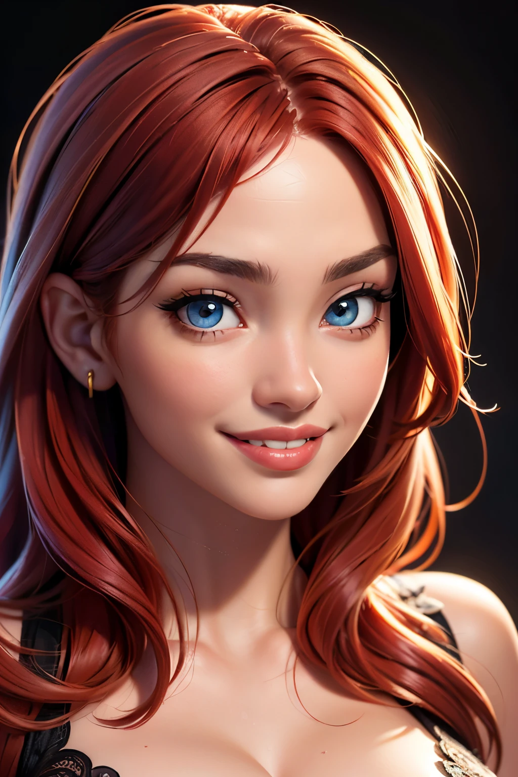 (sexy happy coy smile, red haired young woman,perfect body,posing,model, cleavage,stage,luxury hall),(oil painting),(detailed face,beautiful eyes,detailed lips),(best quality,highres:1.2),(realistic),(portrait),(vibrant colors),(soft lighting) 22 year old, happy