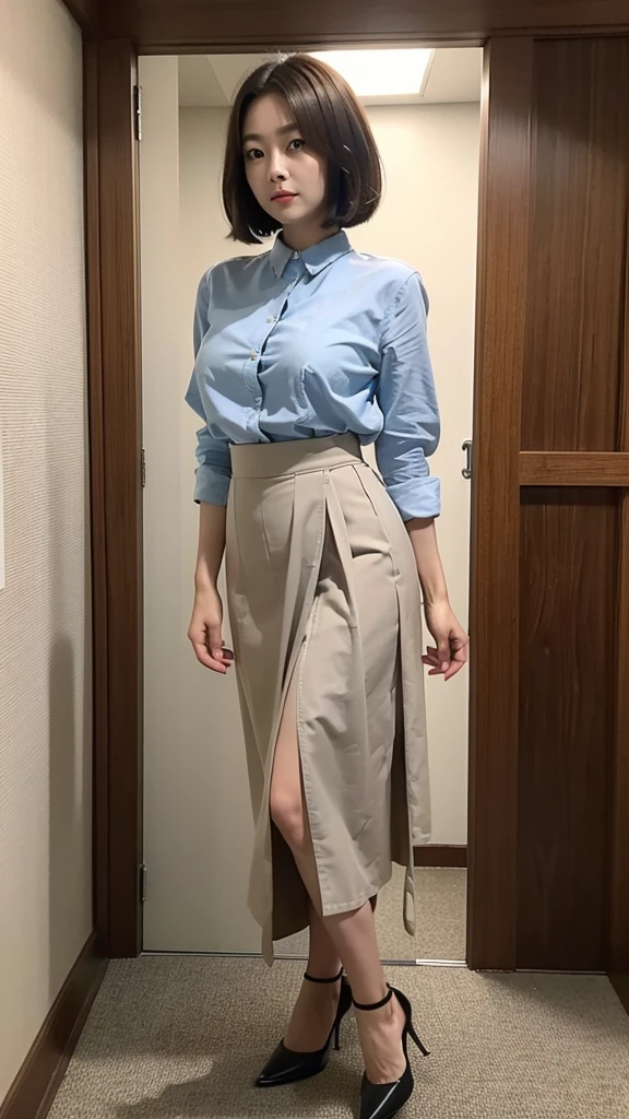  (8k、RAW Photos、highest quality、masterpiece)、one person、Japanese women、40 years old、Beautiful face、Asymmetrical Bob、Brown Hair、Full body photo、Maxi length tight skirt、High heels、Large Breasts、Cut and sew、