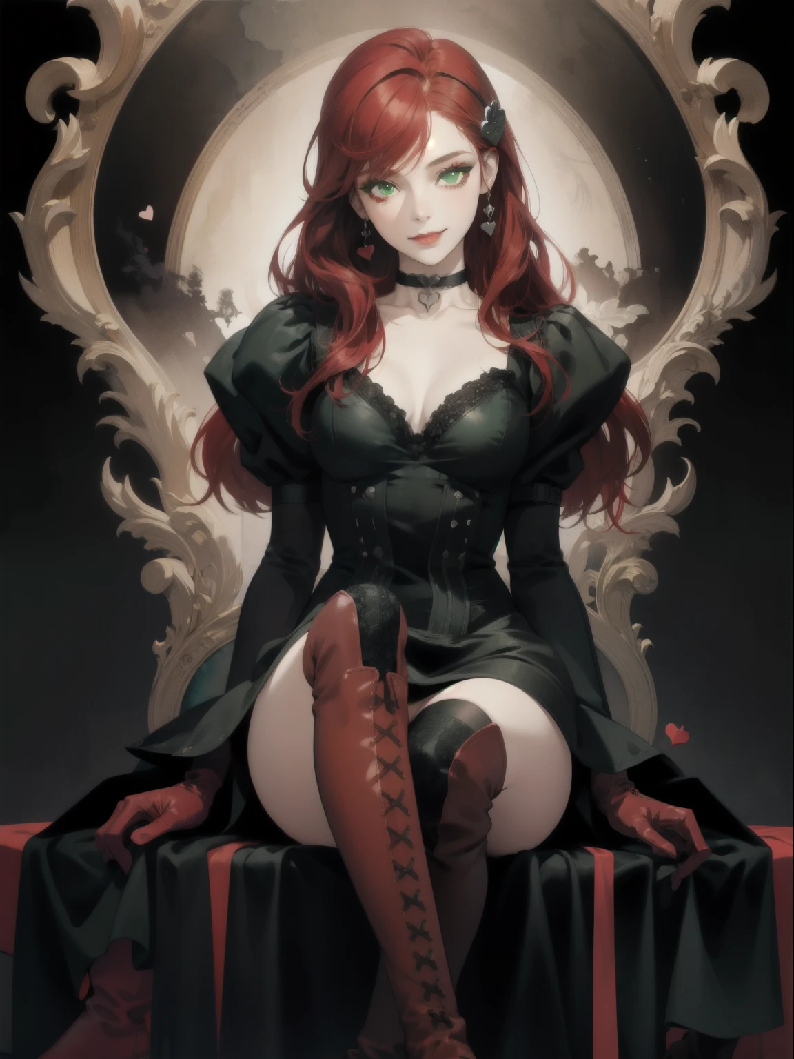 perfect face, anime girl, red hair, bangs, sorceress, pale skin, dark makeup, mysterious smile, Very detailed, High resolution, masterpiece, Realistic, Beautiful details, depth, Fine texture , highest quality: 1.3, looking at the viewer, dark hair ornaments, heart, green eyes, choker, gloves, long boots, gothic dress
