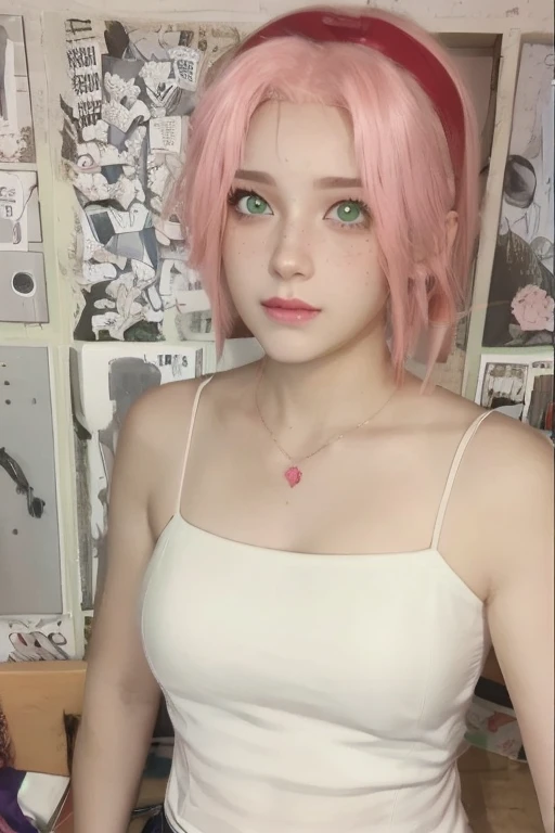 young woman, bubblegum pink hair, wide forehead, emerald green eyes, upturned nose, freckles on nose, thick pink lips, heart-shaped face, red clothes, Sakura Haruno, realism, well detailed, 3d