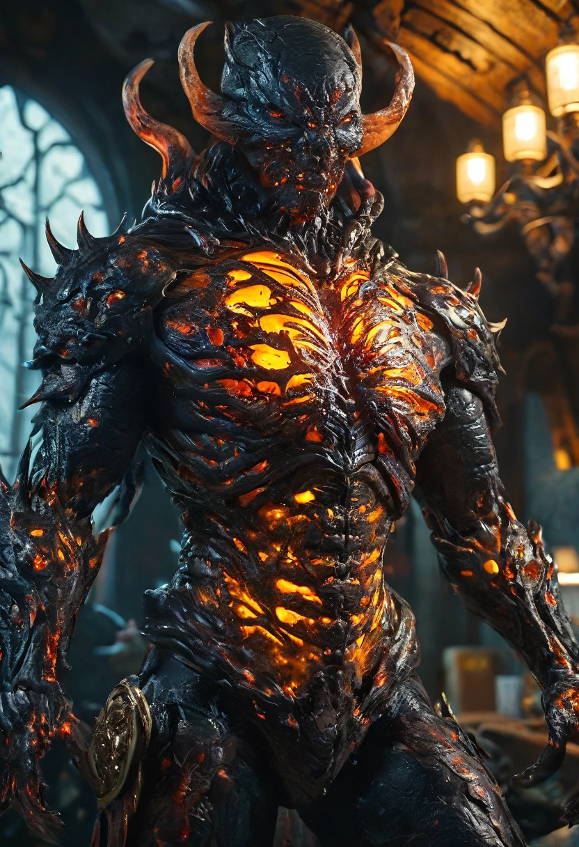 (highest quality,4K,8k,High resolution,masterpiece:1.2), Super detailed, (Realistic,photoRealistic,photo-Realistic:1.37), black creature, Otherworldly, Lovecraft, Chitinous Skin, Bioluminescence Pattern, Dark color palette, Spooky lighting.(Browsing Caution:1.4), black, red, orange, 非常に長く鋭いredい爪, Big Claws, Her body is bioluminescent. Moisturized Skin, (Extremely detailed and intricate skin patterns:1.2), (Translucent chitinous exoskeleton:1.3), (Very small waist:1.4), (Destroyed Anatomy:1.5), violent, erotic,