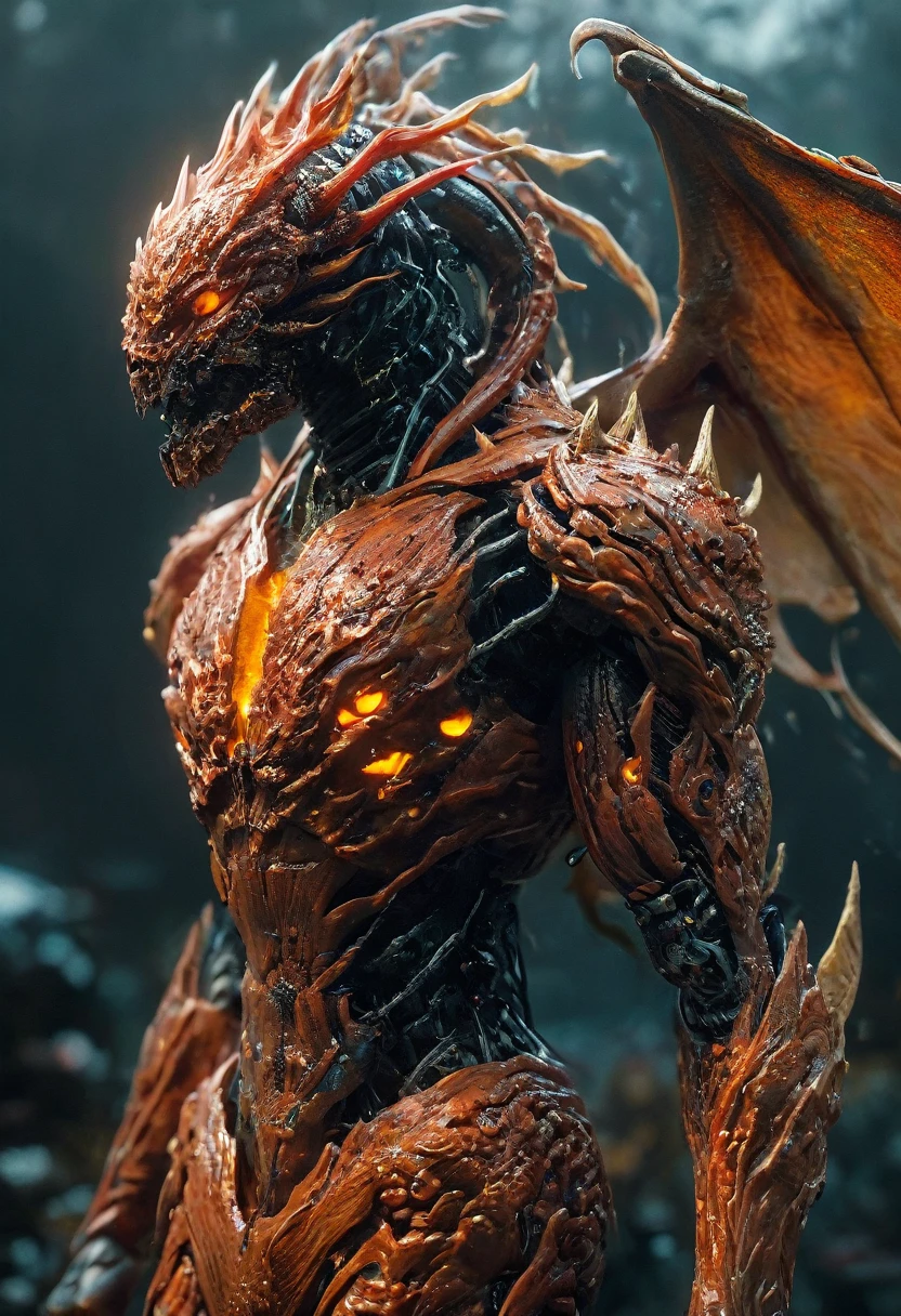 (highest quality,4K,8k,High resolution,masterpiece:1.2), Super detailed, (Realistic,photoRealistic,photo-Realistic:1.37), black creature, Otherworldly, Lovecraft, Chitinous Skin, Bioluminescence Pattern, Dark color palette, Spooky lighting.(Browsing Caution:1.4), black, red, orange, 非常に長く鋭いredい爪, Big Claws, Her body is bioluminescent. Moisturized Skin, (Extremely detailed and intricate skin patterns:1.2), (Translucent chitinous exoskeleton:1.3), (Very small waist:1.4), (Destroyed Anatomy:1.5), violent, erotic,
