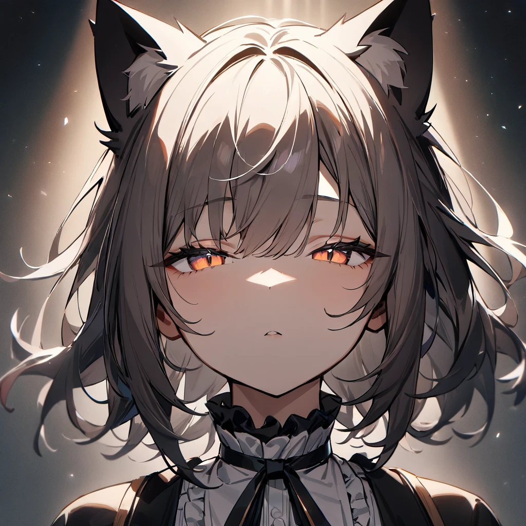 1girl,portrait,Cat ear,Slit pupil,masterpiece,best quality, very aesthetic,absurdres,highlight,center frills,cat ear,medium shot,looking at viewer,half closed eyes,looking up,front view