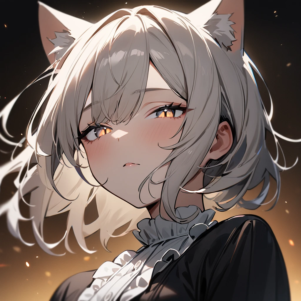 1girl,portrait,Cat ear,Slit pupil,masterpiece,best quality, very aesthetic,absurdres,highlight,center frills,cat ear,medium shot,looking at viewer,half closed eyes,looking up,front view