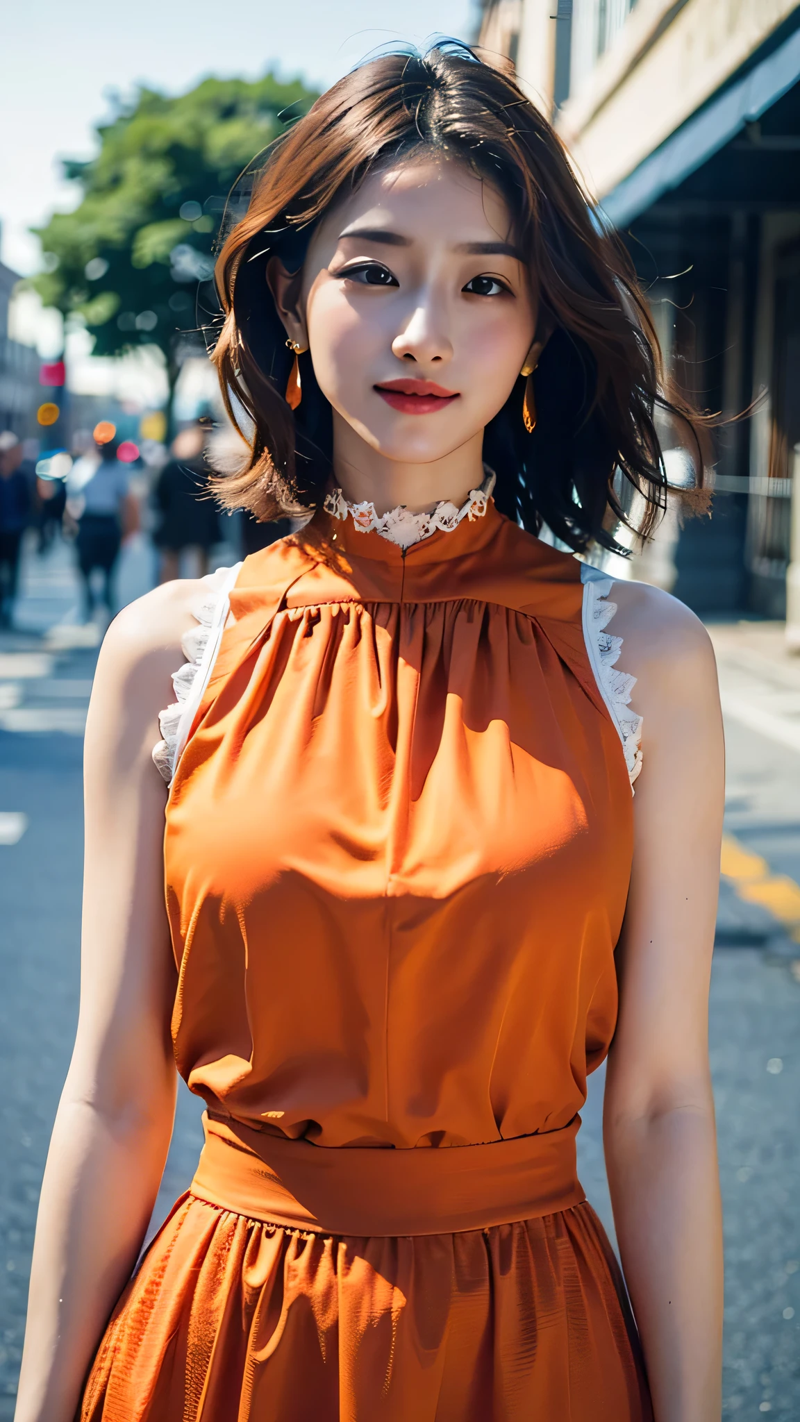 a woman posing on the street corner with light orange dress on, best quality, high res, 8k, 1girl, (huge breasts), day, bright, outdoor, (street:0.8), (people, crowds:1), (lace-trimmed dress:1.5, light orange clothes:1.5, orange high-neck dress:1.5, sleeveless dress, orange dress: 1.5), gorgeous, (medium hair), beautiful detailed sky, beautiful earrings, (dynamic pose:0.8), (upper body:1.2), soft lighting, wind, shiny skin, looking at viewer,