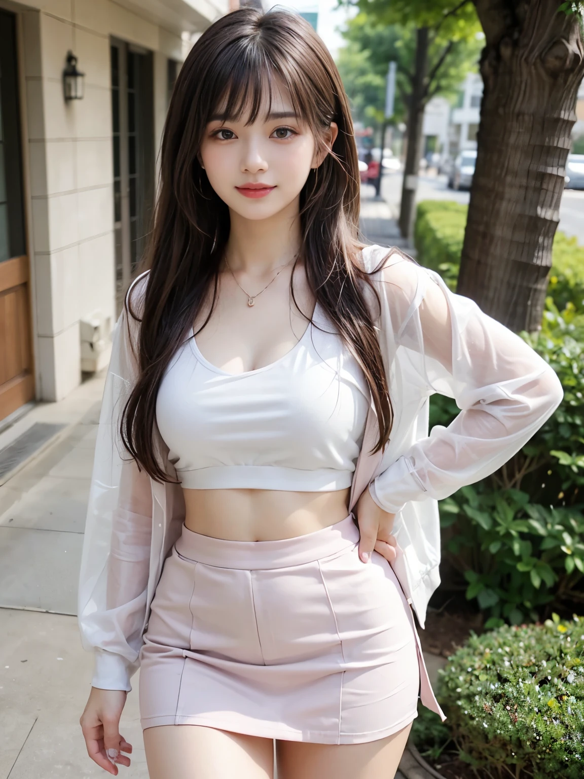 8k,Best quality、Beautiful woman, 22 years old, whole body, (Slim figure), (Long legs), Natural bust, smile, Fine grain, double eyelid, Earrings and Necklaces, Long Hair, white shirt top, Pink hip skirt, Pink jacket、OL, white collar，(((Brown long hair、See-through bangs))).