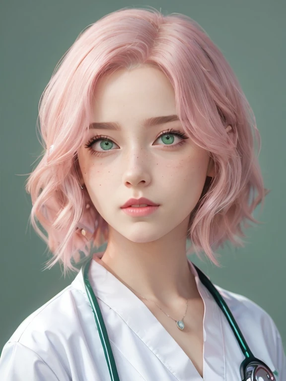 young woman, bubblegum pink hair, wide forehead, emerald green eyes, upturned nose, freckles on nose, thick pink lips, heart-shaped face, red clothes, Sakura Haruno, realism, well detailed, 3d
