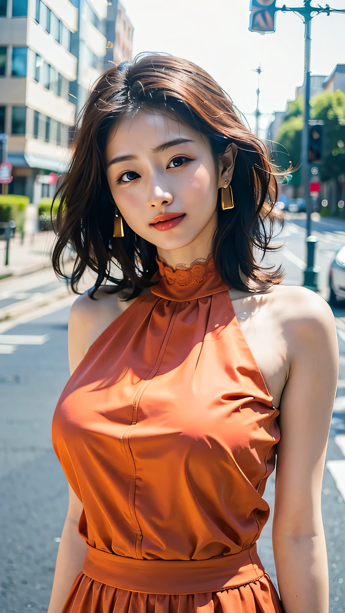 a woman posing on the street corner with light orange dress on, best quality, high res, 8k, 1girl, (huge breasts), day, bright, outdoor, (street:0.8), (people, crowds:1), (lace-trimmed dress:1.5, light orange clothes:1.5, orange high-neck dress:1.5, sleeveless dress, orange dress: 1.5), gorgeous, (medium hair), beautiful detailed sky, beautiful earrings, (dynamic pose:0.8), (upper body:1.2), soft lighting, wind, shiny skin, looking at viewer,