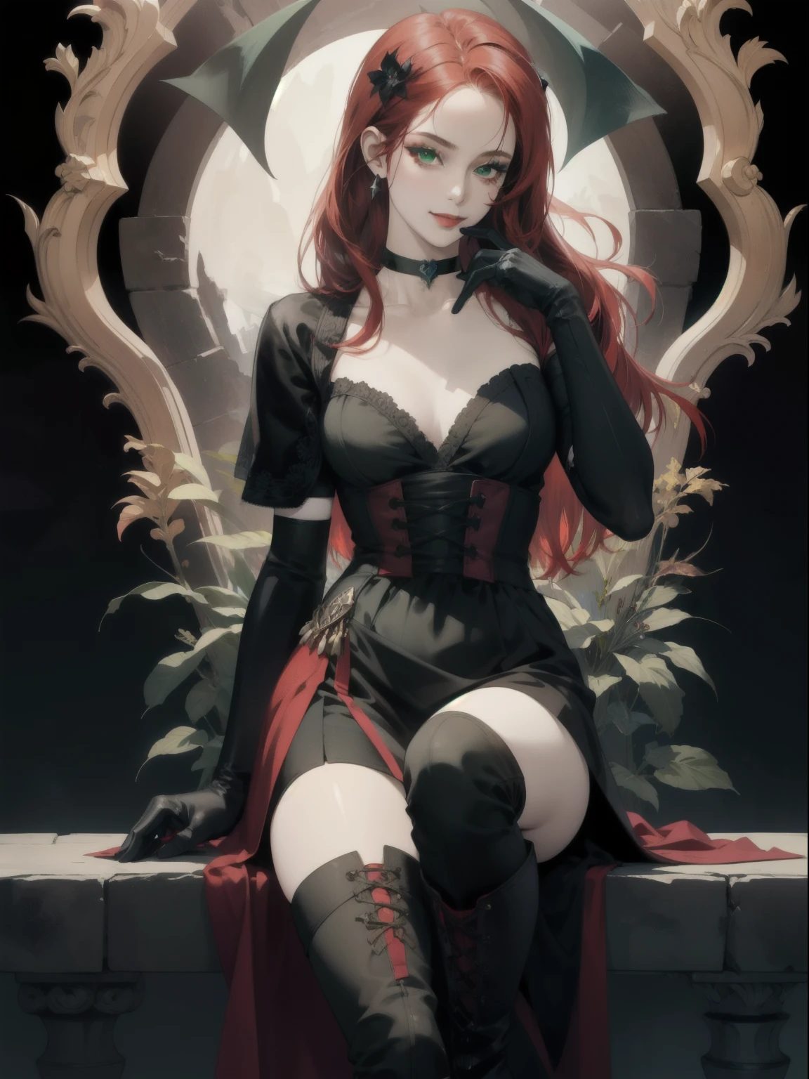 perfect face, anime girl, red hair, bangs, sorceress, pale skin, dark makeup, mysterious smile, Very detailed, High resolution, masterpiece, Realistic, Beautiful details, depth, Fine texture , highest quality: 1.3, looking at the viewer, dark hair ornaments, heart, green eyes, choker, gloves, long boots, gothic dress