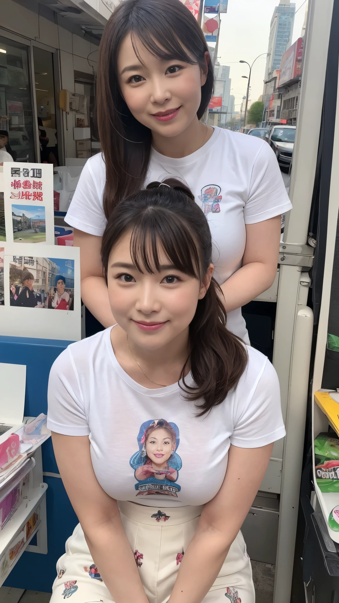 Bright outdoors、Walking around town、((masterpiece))、((top-quality))、a picture、Realisticity、high-level image quality、Advanced depth of field、ultra-detailliert、Realistic lighting、((Beauty salon))、((white t-shirt with new york printed on it,black skirt))、((Washing customers' heads))、((Close to close、Right in front of you))、married woman、in her 20s、Delicate facial features、long wave-brownhair、ponytail、Realistic backgrounds and accessories、large full breasts、valley、Plump body、Sexy smile、Serious gaze、from above、Have a cup of coffee in a paper cup
