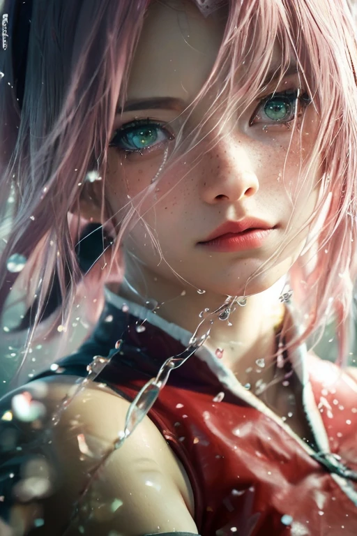 young woman, bubblegum pink hair, wide forehead, emerald green eyes, upturned nose, freckles on nose, thick pink lips, heart-shaped face, red clothes, Sakura Haruno, realism, well detailed, 3d