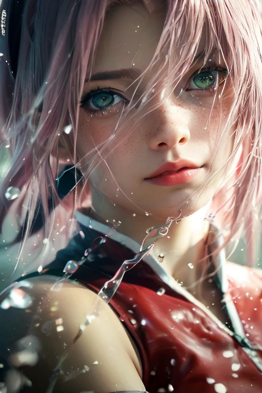 young woman, bubblegum pink hair, wide forehead, emerald green eyes, upturned nose, freckles on nose, thick pink lips, heart-shaped face, red clothes, Sakura Haruno, realism, well detailed, 3d